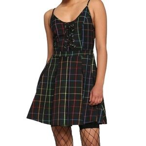HOT TOPIC Corset Skater Grunge Goth Rainbow Checkered Lace Up Front Mini Dress M